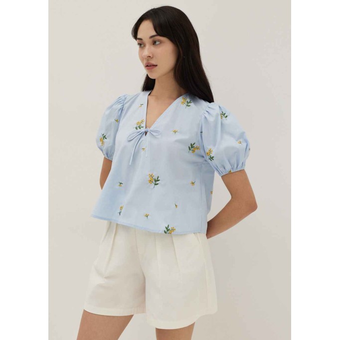 Calliope Embroidered Puff Sleeve Cotton Blouse