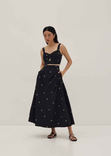 Perris Embroidered Ruched Flare Skirt